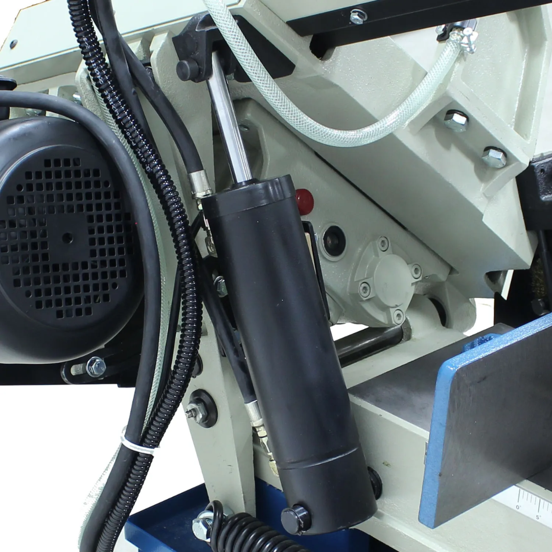 Close-up of the hydraulic feed mechanism on the Baileigh Horizontal Band Saw - BS-916M 1001740 providing controlled descent and consistent cutting performance.