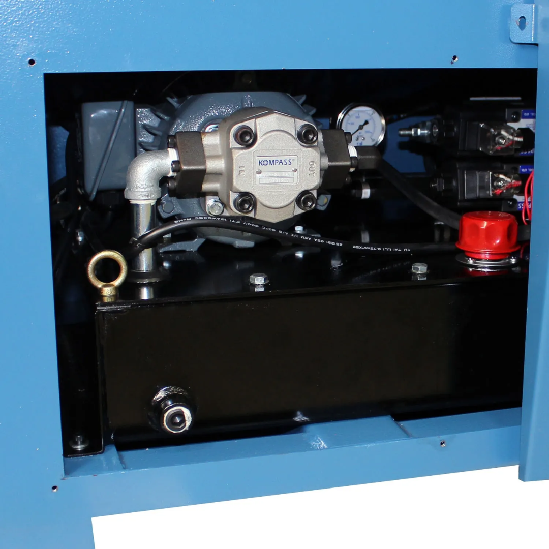 Close-up of the hydraulic power unit inside the Baileigh 13-Inch Dual-Mitering Semi-Automatic Bandsaw (BS-20SA-DM) 1001298 showing the internal pump, reservoir, and industrial hydraulic components.