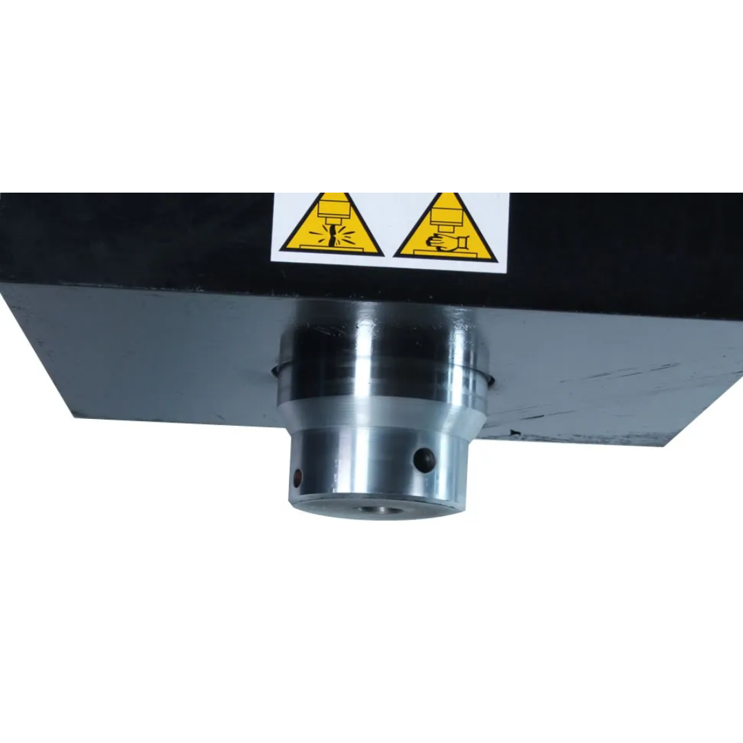 Close-up of the hydraulic ram on the Baileigh 100-Ton Pneumatic H-Frame Shop Press (HSP-100A) 1004759 displaying precision pressing head and upper frame construction.
