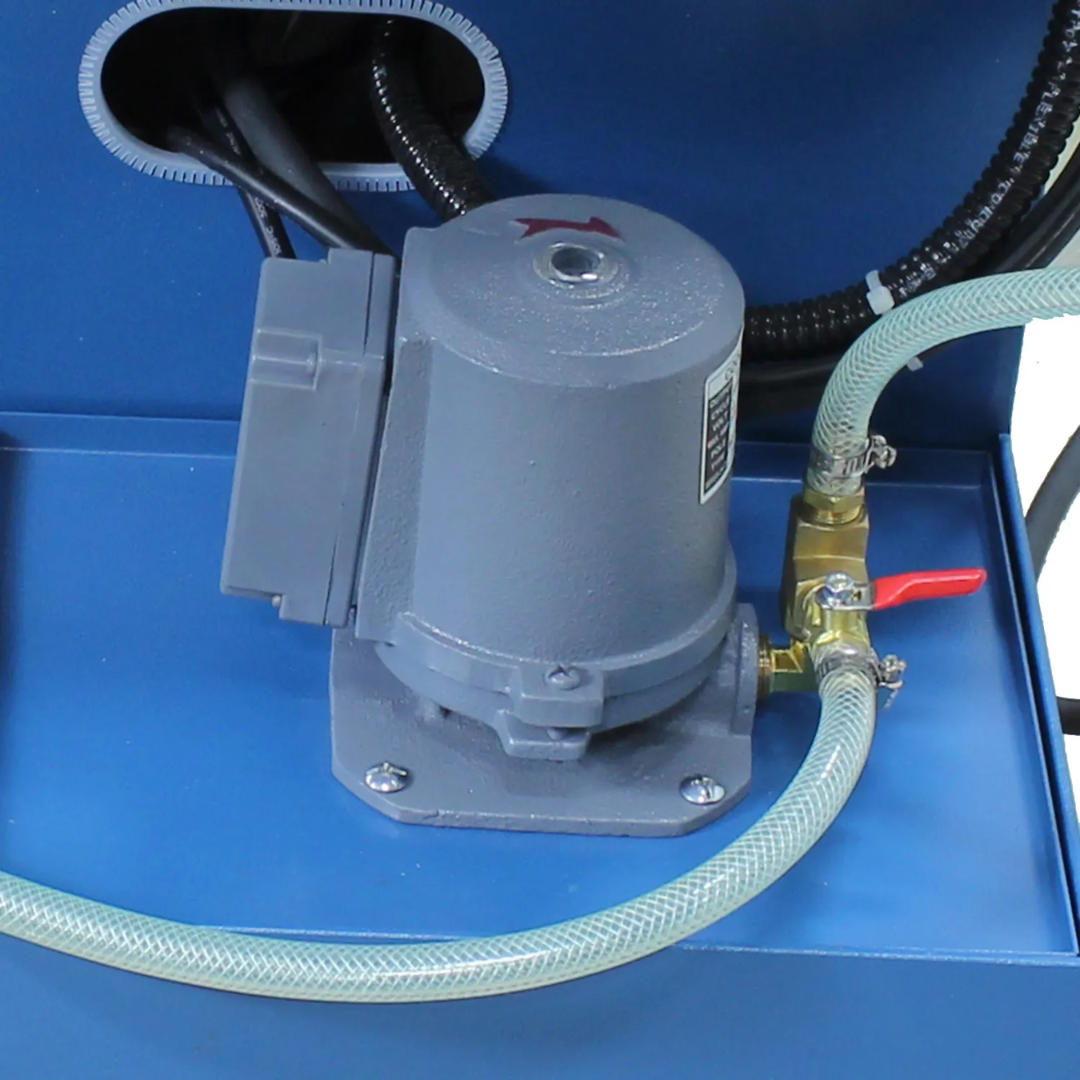 Close-up of the integrated coolant system on the Baileigh Metal Cutting Bandsaw - BS-330M 1001517 showing the coolant reservoir and circulation components that improve blade life and cutting quality.