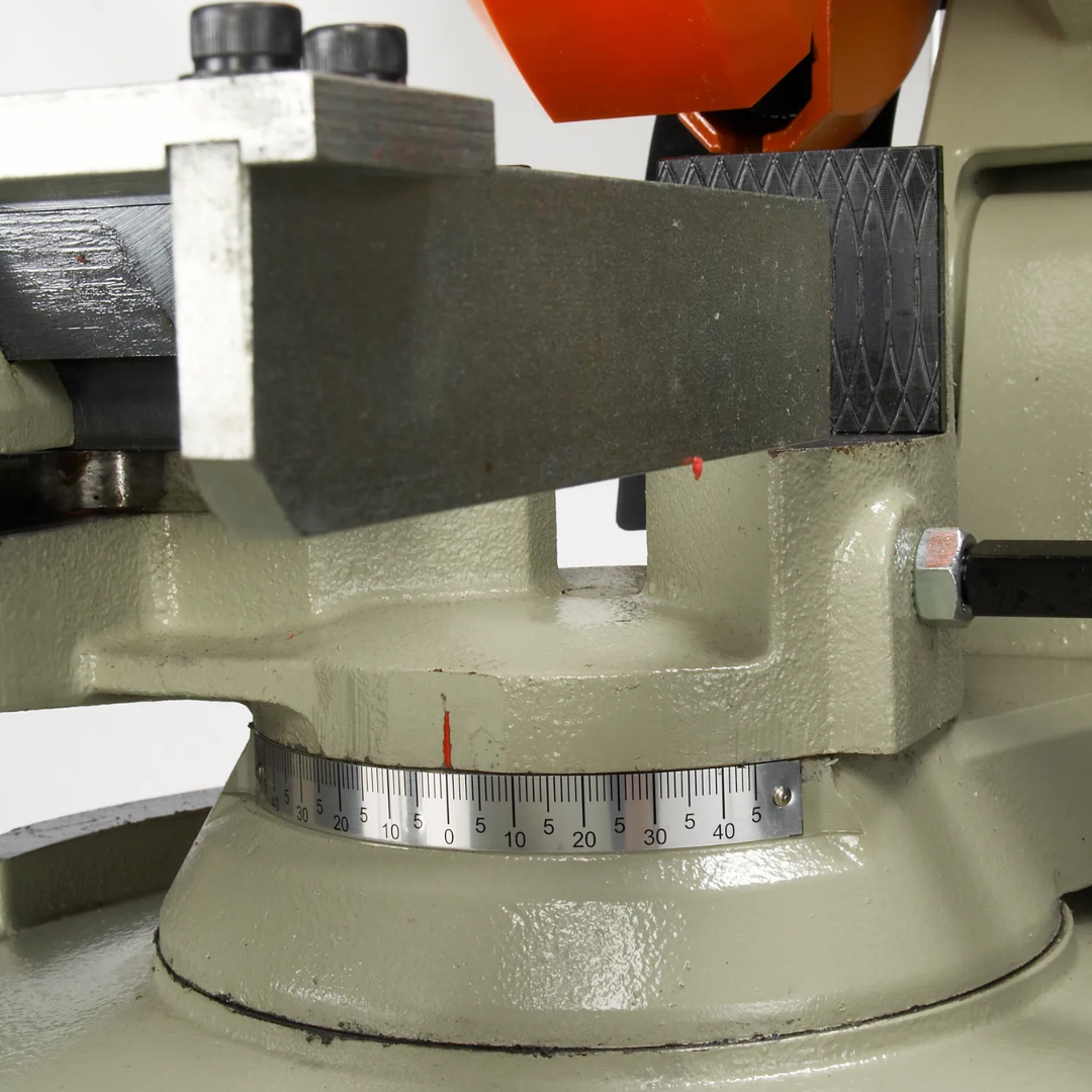 Close-up of the precision vise assembly on the Baileigh 12.5-Inch Manual Cold Saw, 2.5 HP, 220V 1Ph (CS-315EU) 1002450 designed for secure and accurate material clamping.