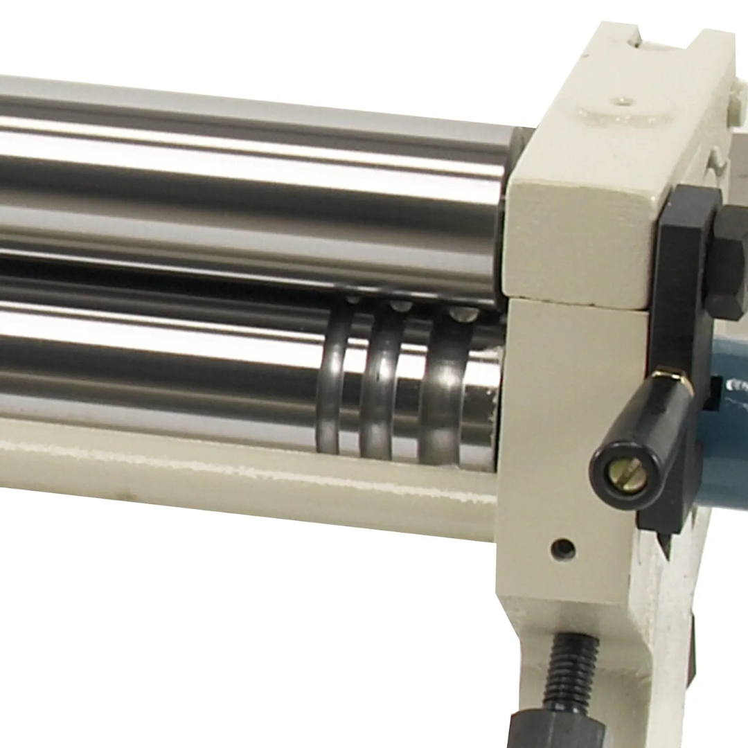 Close-up of the roller assembly on the Baileigh Manual Slip Roll Machine - (SR-2420M) 1007297 highlighting the precision-machined rolls designed for smooth sheet metal forming.