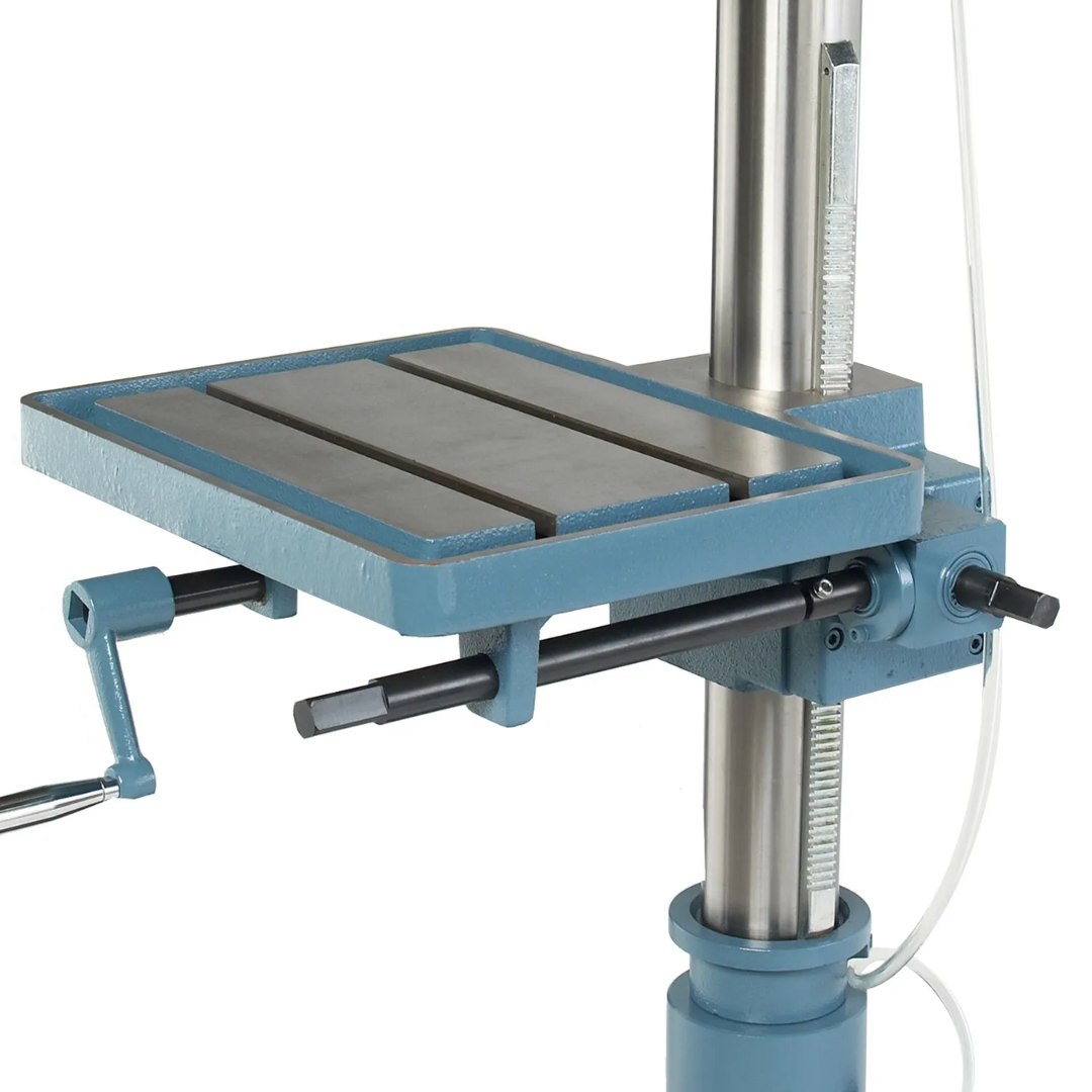 Close-up of the table support system on the Baileigh 16-Inch Variable-Speed Drill Press, 220V 1Ph (DP-1000VS) 1002862 showing heavy-duty construction and height adjustment functionality.