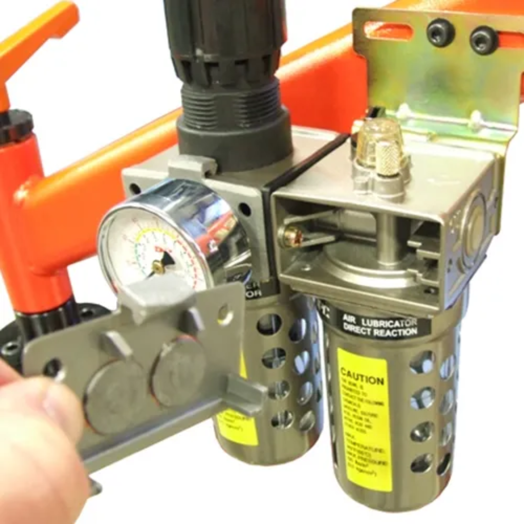 Close-up of the tapping head on the Baileigh ATM-27-1000 Pneumatic Tapping Arm 1000326 demonstrating the pneumatic drive mechanism and precision tapping controls.