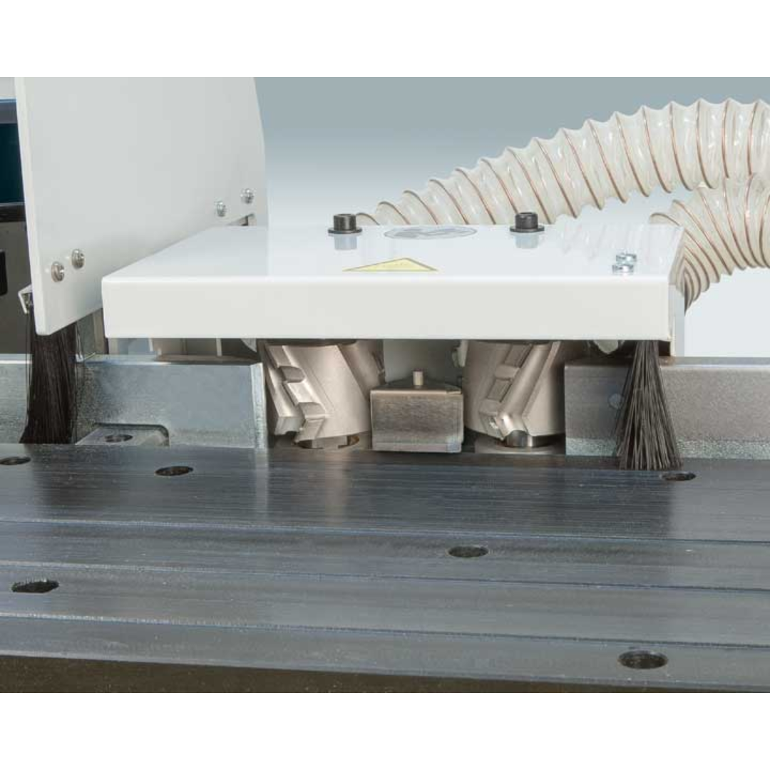 Close-up of trimming and finishing system on Virutex Automatic Hot Melt Edgebander EB140 (220V) 8500699 with precision tooling