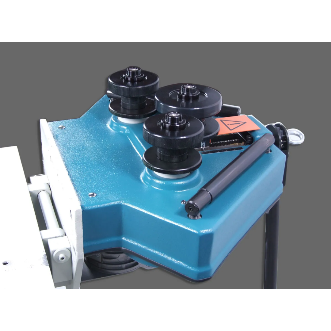 Close-up view of Baileigh Ring Roll Machine - (R-M40) 1006852 top roller assembly showing precision-adjustable bending rollers for accurate metal forming applications.