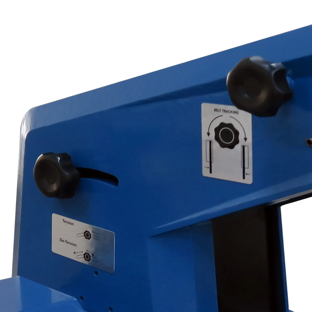 Close-up view of the Baileigh 2" Single Speed Belt Grinder BG-248S 1227893 showing the belt tracking adjustment mechanism and reinforced grinder head for accurate belt alignment.
