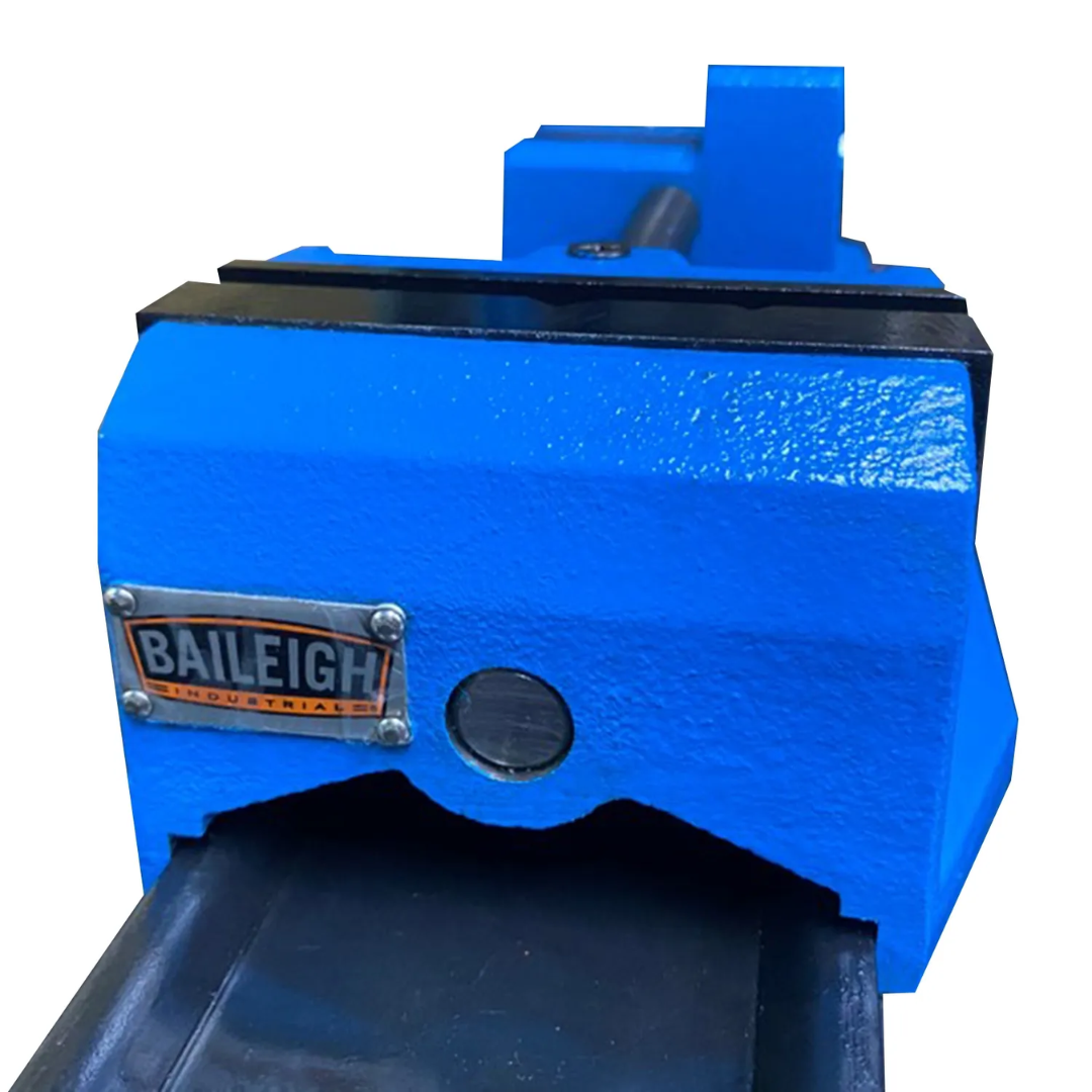Close-up view of the Baileigh 4" Quick Jaw Vise - (BV-4Q) 1227906 highlighting the precision jaw alignment, durable blue finish, and quick jaw adjustment system for efficient machining and fabrication tasks.