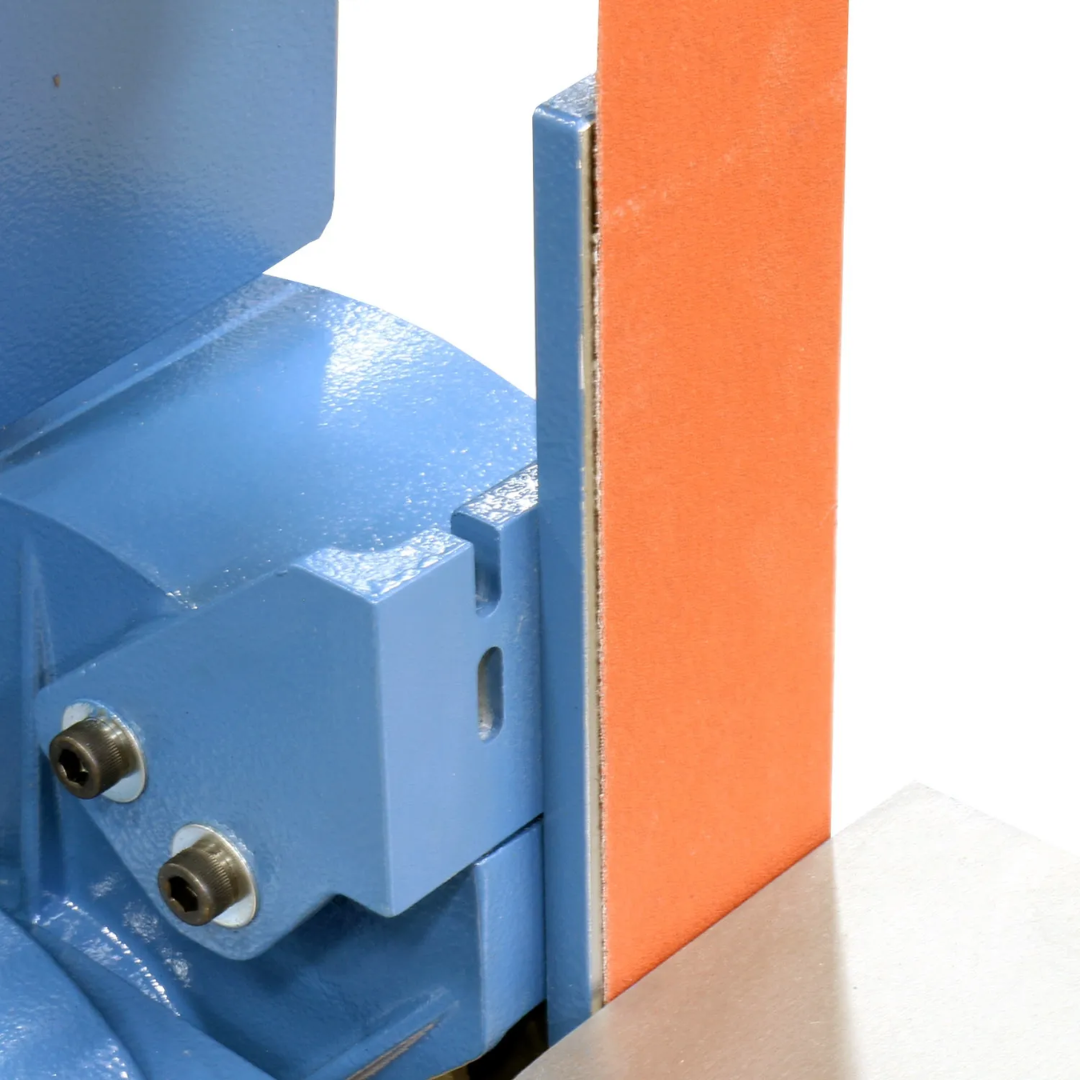 Close-up view of the Baileigh Two Wheel Belt Grinder BG-248-2 1019092 lower belt wheel and grinding assembly showing the two-wheel belt path, durable frame, and compact industrial finishing design.