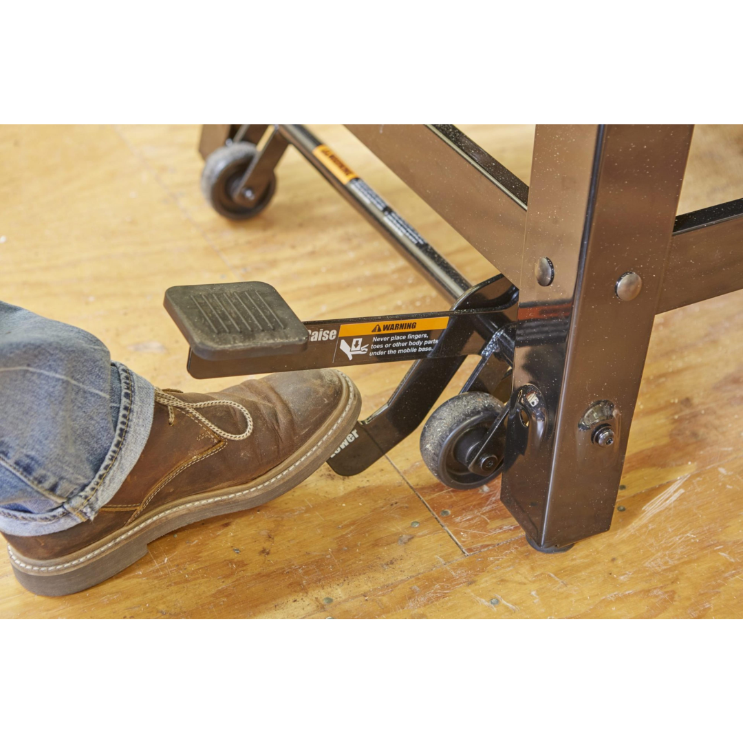 Close-up view of the SawStop Contractor Saw Mobile Base MB-CNS-000 caster wheel assembly featuring durable construction and smooth-rolling mobility on workshop floors.