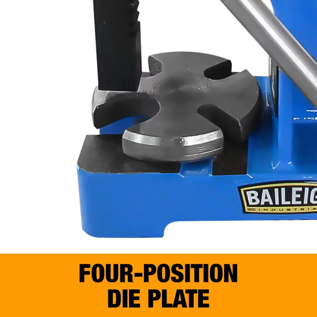 Close-up view of the four-position die plate on the Baileigh AP-0 - 1/2-Ton Arbor Press 1232697 providing versatile workpiece support for pressing and assembly operations.