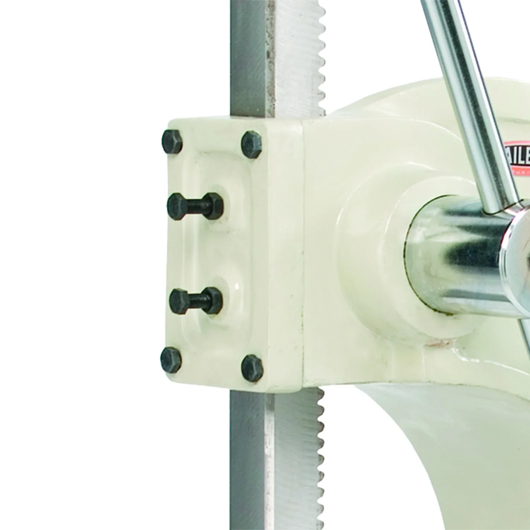 Close-up view of the rack-and-pinion mechanism on the Baileigh Manually Operated Arbor Press AP-5 1000264 showing precision-machined components designed for smooth manual pressing operation.