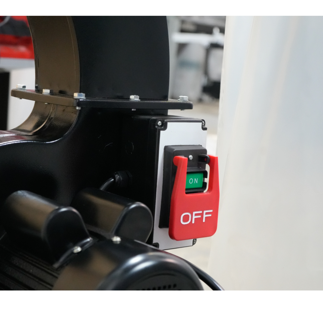 Close-up of Maksiwa CPD/3.C dust collector blower housing showing heavy-duty metal fan enclosure