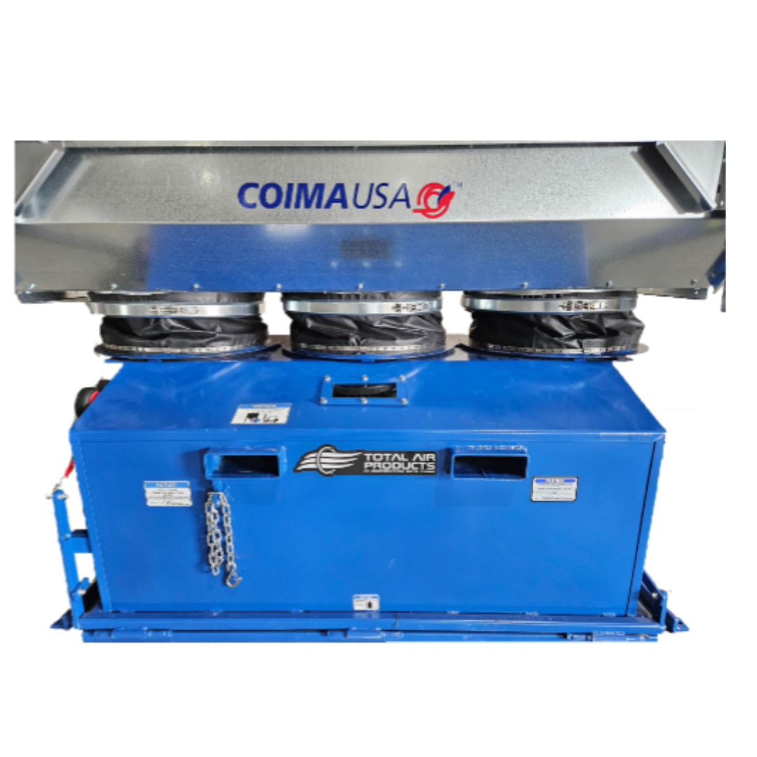 Coima USA Heavy Duty Dump Bin SHK-3 FLDB featuring enclosureless dust collector with vertical cartridge filters, integrated shaker system, and heavy-duty blue steel dump bin for high-capacity dust collection and disposal