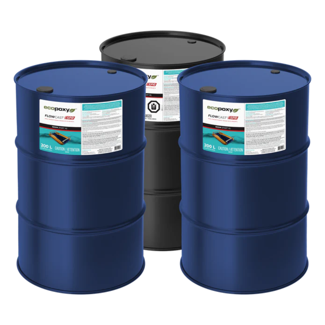 Commercial drum containers of Ecopoxy FlowCast SPR Premium Casting Epoxy for industrial resin casting