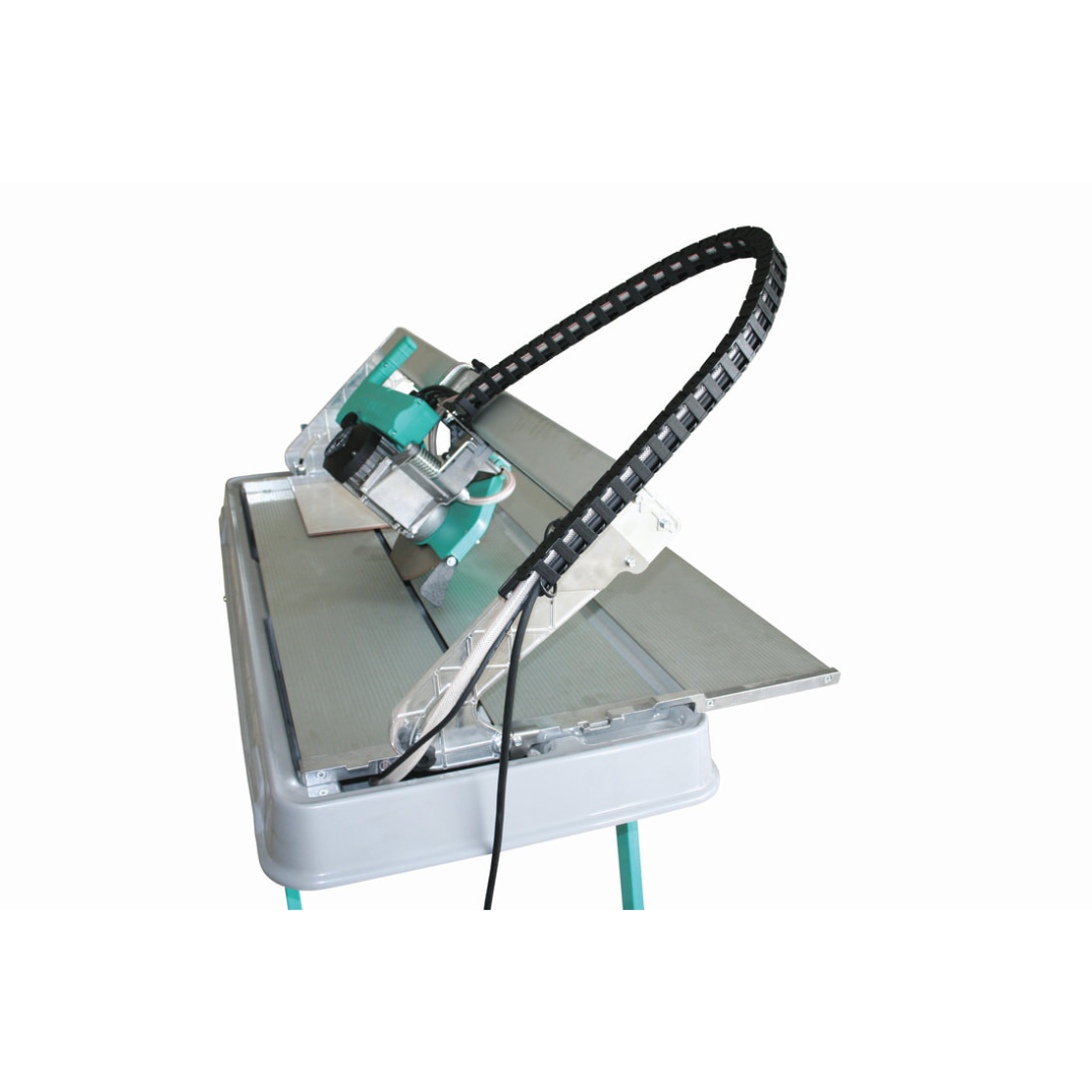 Compact angled view of the IMER COMBICUT 250/1000 overhead rail saw showing portable frame design and overhead cutting functionality for jobsite use