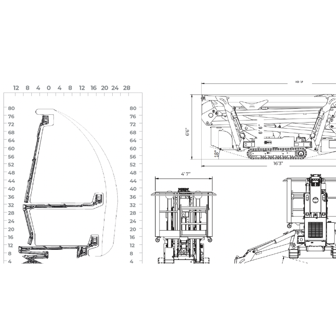 Technical dimension diagram of IMER IM R23 Articulated & Telescopic Lift displaying working height, outreach dimensions, and compact spider lift specifications.