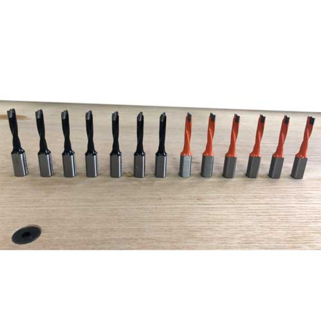 Complete set of boring drill bits included with Maksiwa LINE BORING PNEUMATIC 13 SPINDLE LINE 1 PH machine