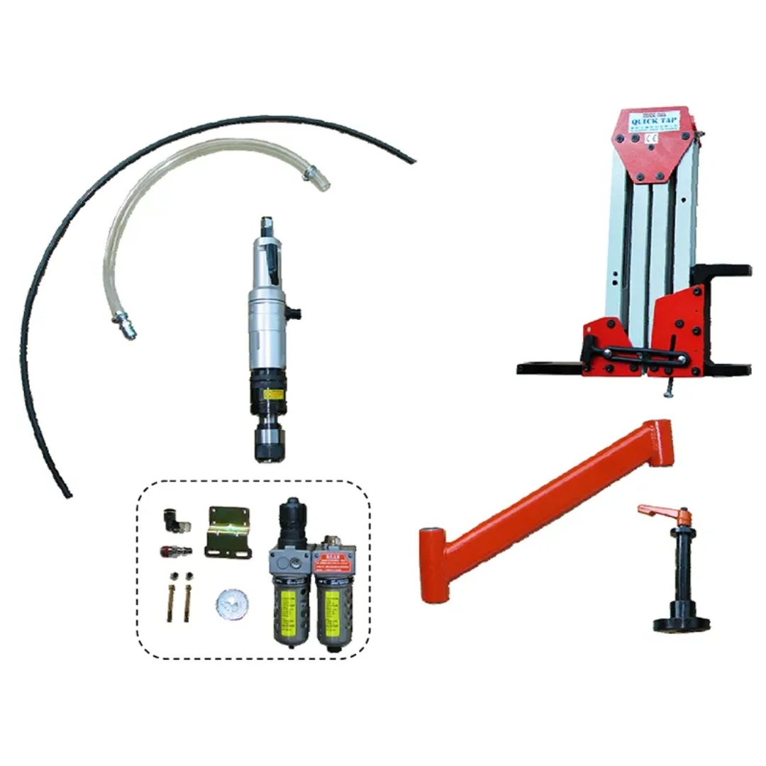 Component overview of the Baileigh Pneumatic Tapping Arm ATM-27-1900 1000327 displaying the articulated arm assembly, pneumatic tapping head, and included tooling accessories.
