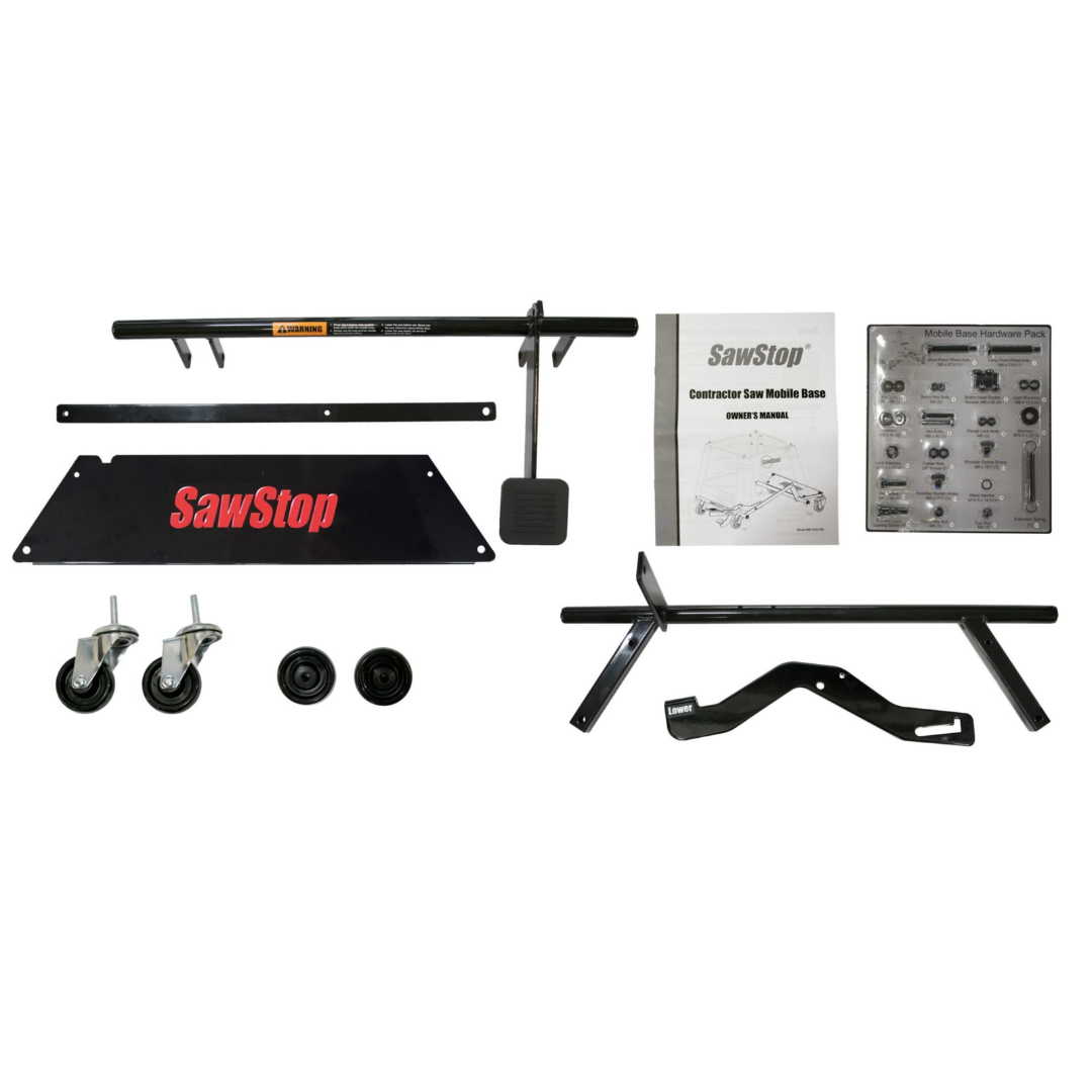 Components and hardware kit for the SawStop Contractor Saw Mobile Base MB-CNS-000, including wheel assemblies, mounting brackets, hardware, and installation instructions.