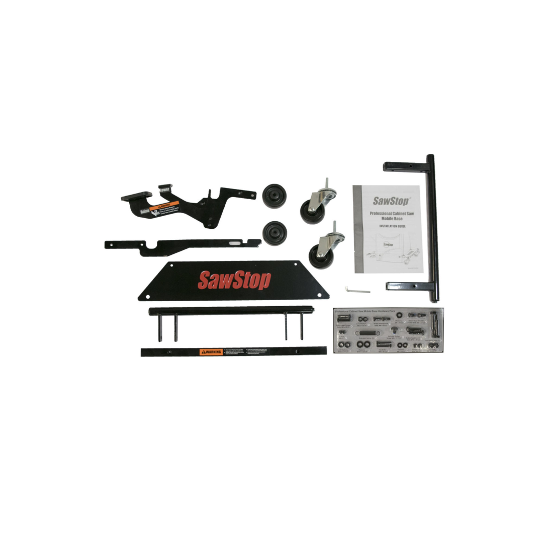 Components and hardware kit for the SawStop Professional Integrated Mobile Base MB-PCS-000, including mounting brackets, wheels, installation hardware, and setup instructions.