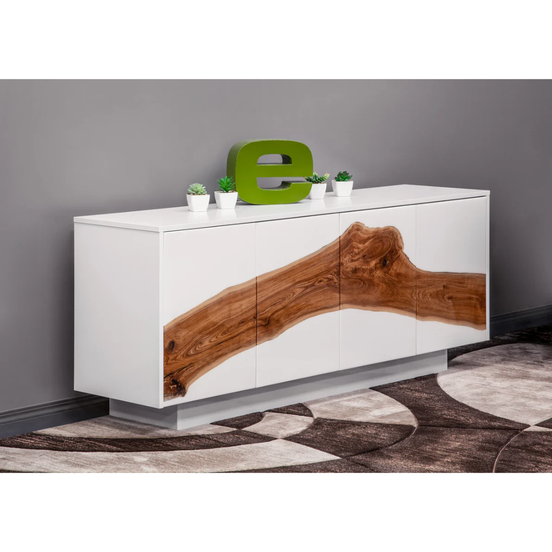 Contemporary live edge river table finished with white epoxy using Ecopoxy SnowWhite EPSWK20‐15L.
