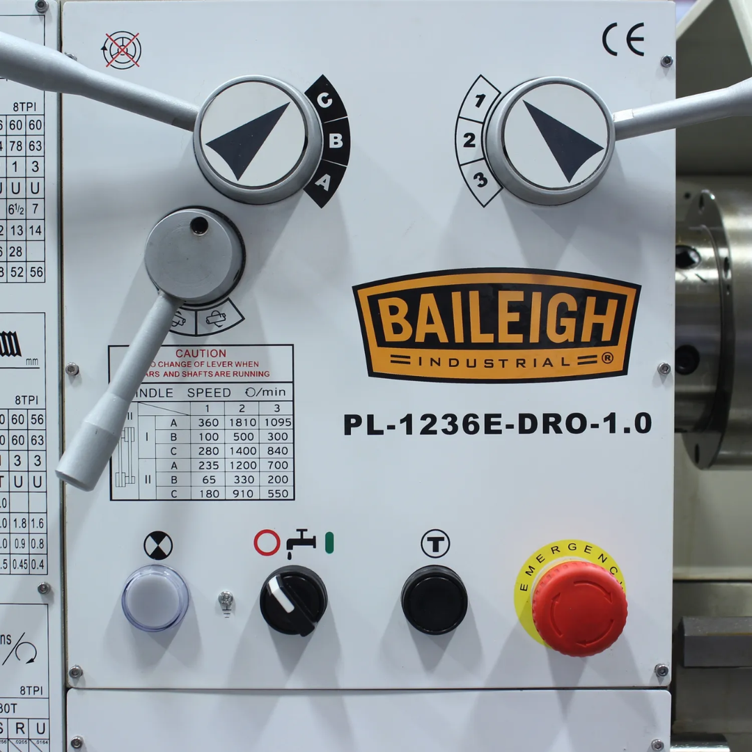 Control panel close-up of the Baileigh 12"x36" Geared Head Metal Lathe, X/Y-Axis DRO (PL-1236E-DRO) 1016617 featuring machine settings and operational controls.