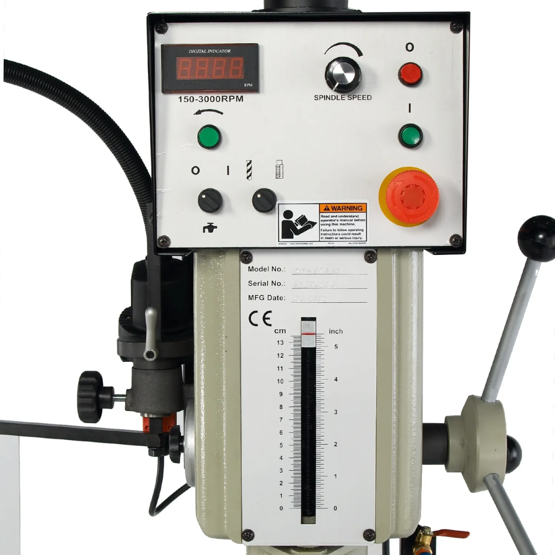 Control panel detail of the Baileigh 16-Inch Variable-Speed Drill Press, 220V 1Ph (DP-1000VS) 1002862 highlighting variable-speed operation and machine controls for accurate drilling performance.