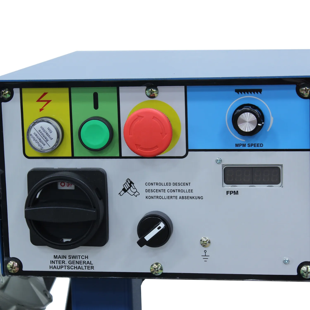 Control panel of Baileigh 8.26 x 6.69" Manual Horizontal Bandsaw: Geared Head (BS-210M) 1001309 featuring operator controls, emergency stop, and machine management functions.