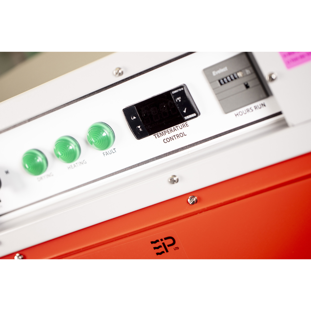Control panel of Ebac DD900 Desiccant Dehumidifier displaying electronic controls and indicator lights for humidity management and system monitoring