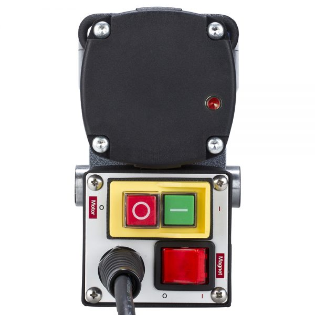 Control panel of Euroboor ECO.36+ Magnetic Drilling Machine featuring power switch, magnet activation button, and safety indicators.