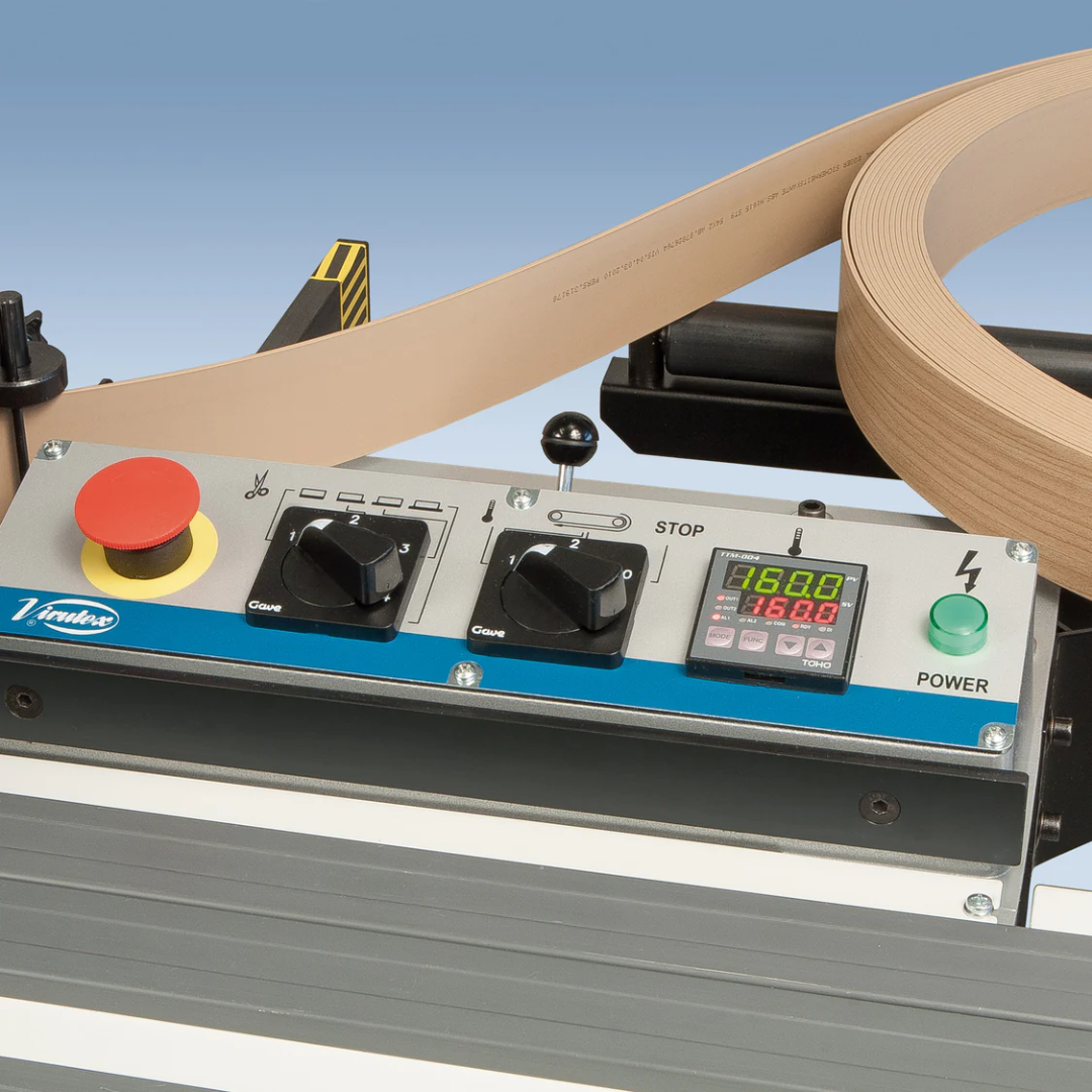 Control panel of Virutex Automatic Hot Melt Edgebander Rapid EB135 8500295 showing user-friendly adjustment controls and settings
