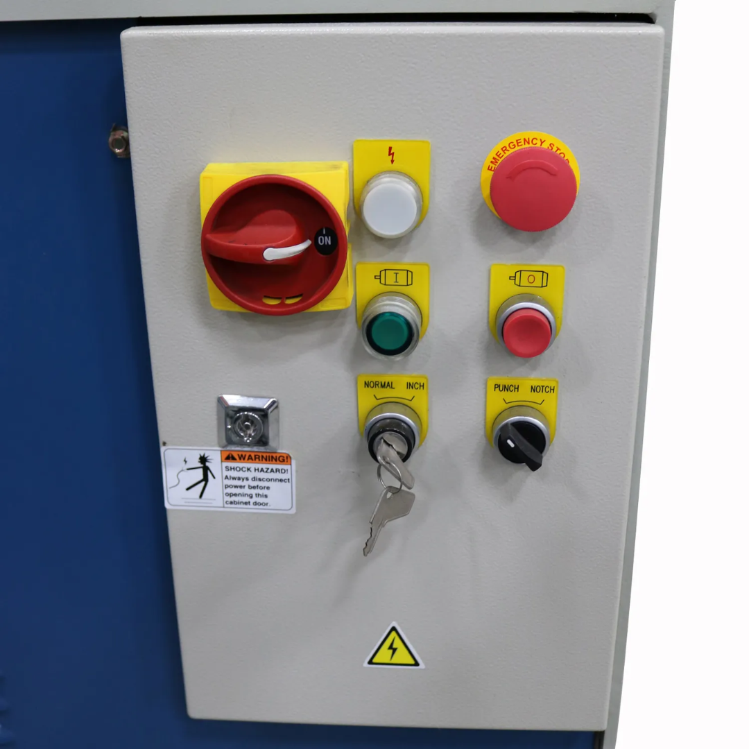 Control panel on the Baileigh 44-Ton 4-Station Hydraulic Ironworker, 220V 1Ph (SW-441) 1007756 featuring industrial controls and emergency stop for safe hydraulic machine operation.