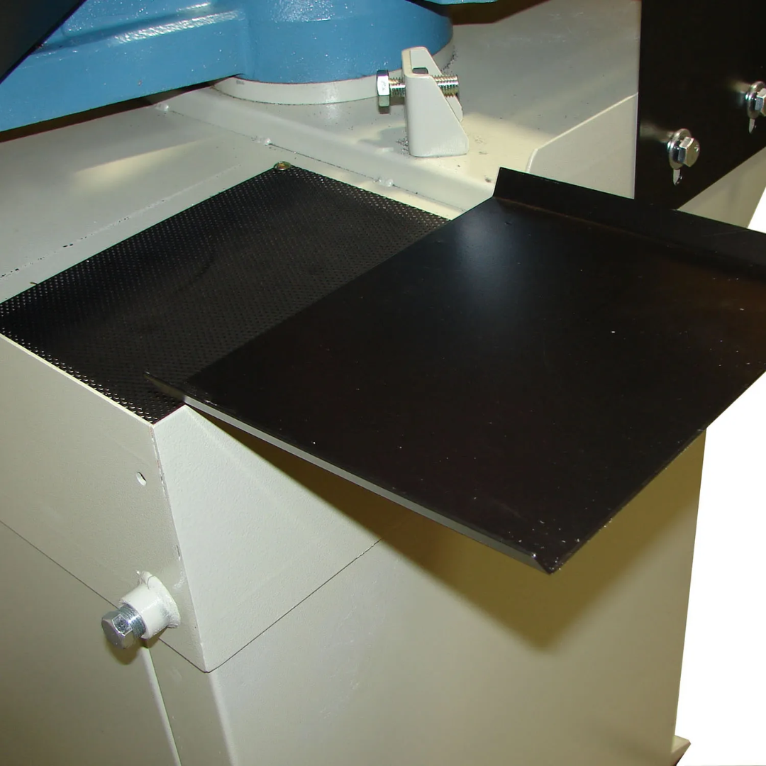 Coolant collection tray and work area of Baileigh 8.26 x 6.69" Manual Horizontal Bandsaw: Geared Head (BS-210M) 1001309 designed to support clean and efficient cutting operations.