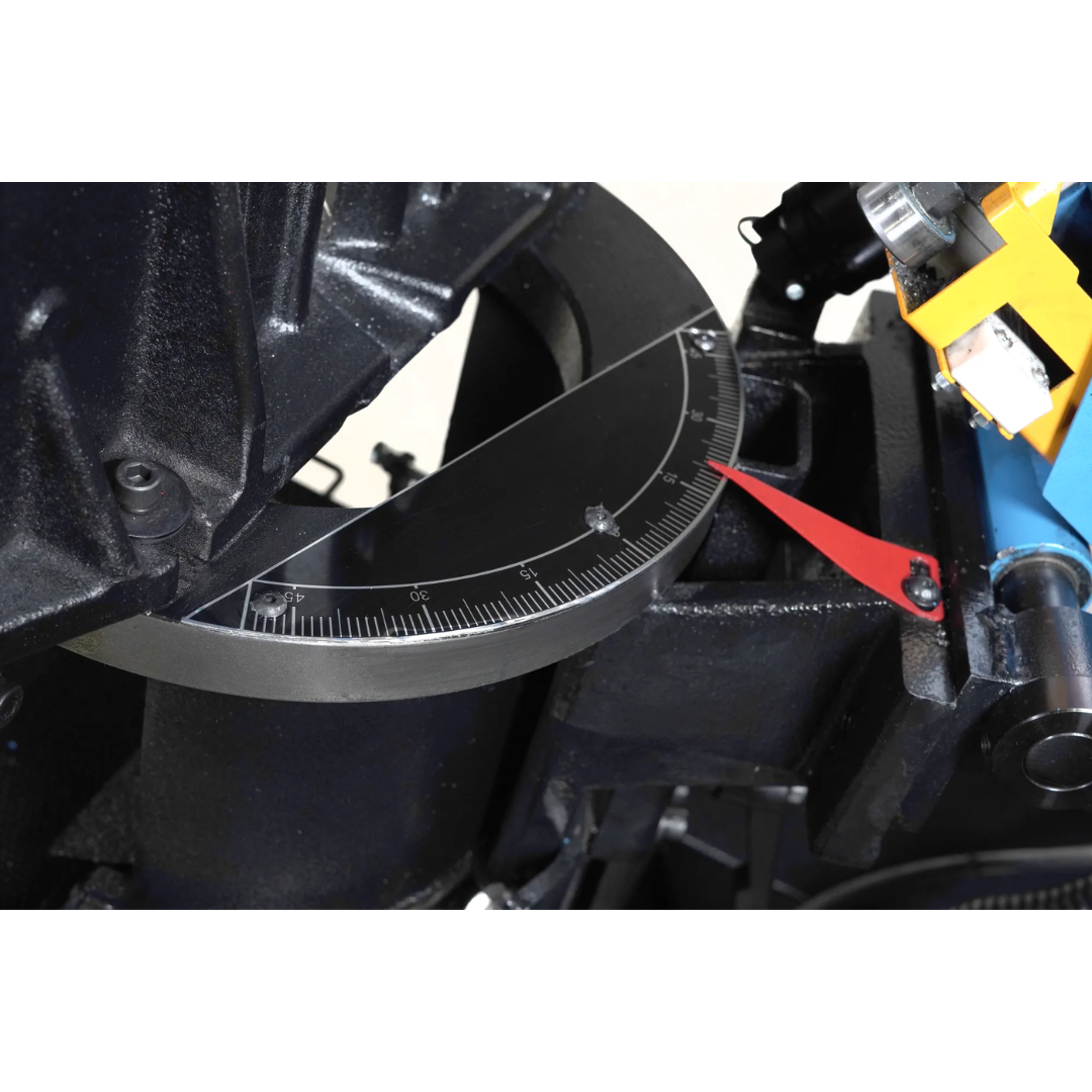 Coolant system and chip collection area on the Baileigh Portable EVS Dual Mitering Bandsaw BS-10VS 1232696 for cleaner cutting operations.