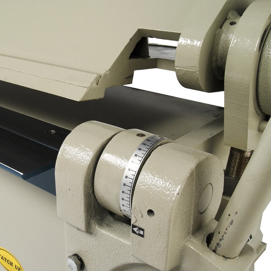 Counterweight and hinge assembly on the Baileigh 120-Inch Sheet Metal Hand Brake, 14G Mild Steel (HB-12014) 1004638 providing balanced operation and long-lasting durability.