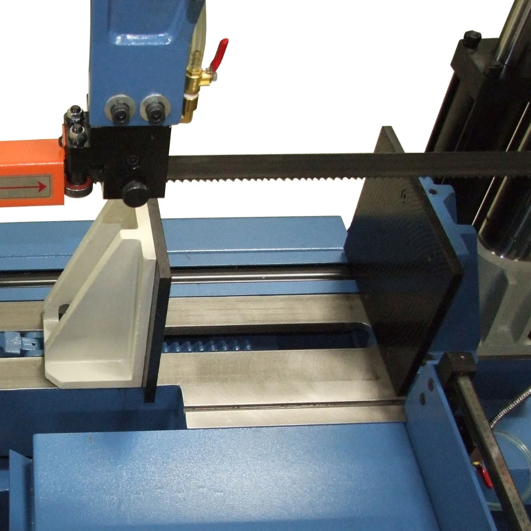 Cutting area and vise assembly of Baileigh 14-Inch Semi-Auto Horizontal Bandsaw BS-360SA 1001582 designed for secure material clamping and repeatable metal cutting operations.