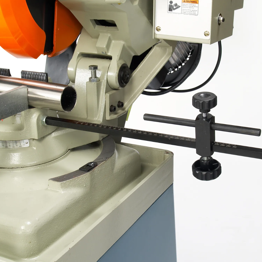 Cutting head and blade guard detail on the Baileigh 12.5-Inch Manual Cold Saw, 2.5 HP, 220V 1Ph (CS-315EU) 1002450 engineered for smooth and precise metal cutting operations.