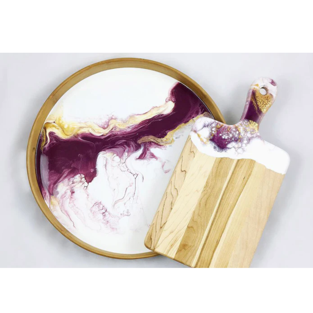 Decorative round resin artwork created using Ecopoxy UVPoxy Epoxy Coating for Woodworkers & Artists.