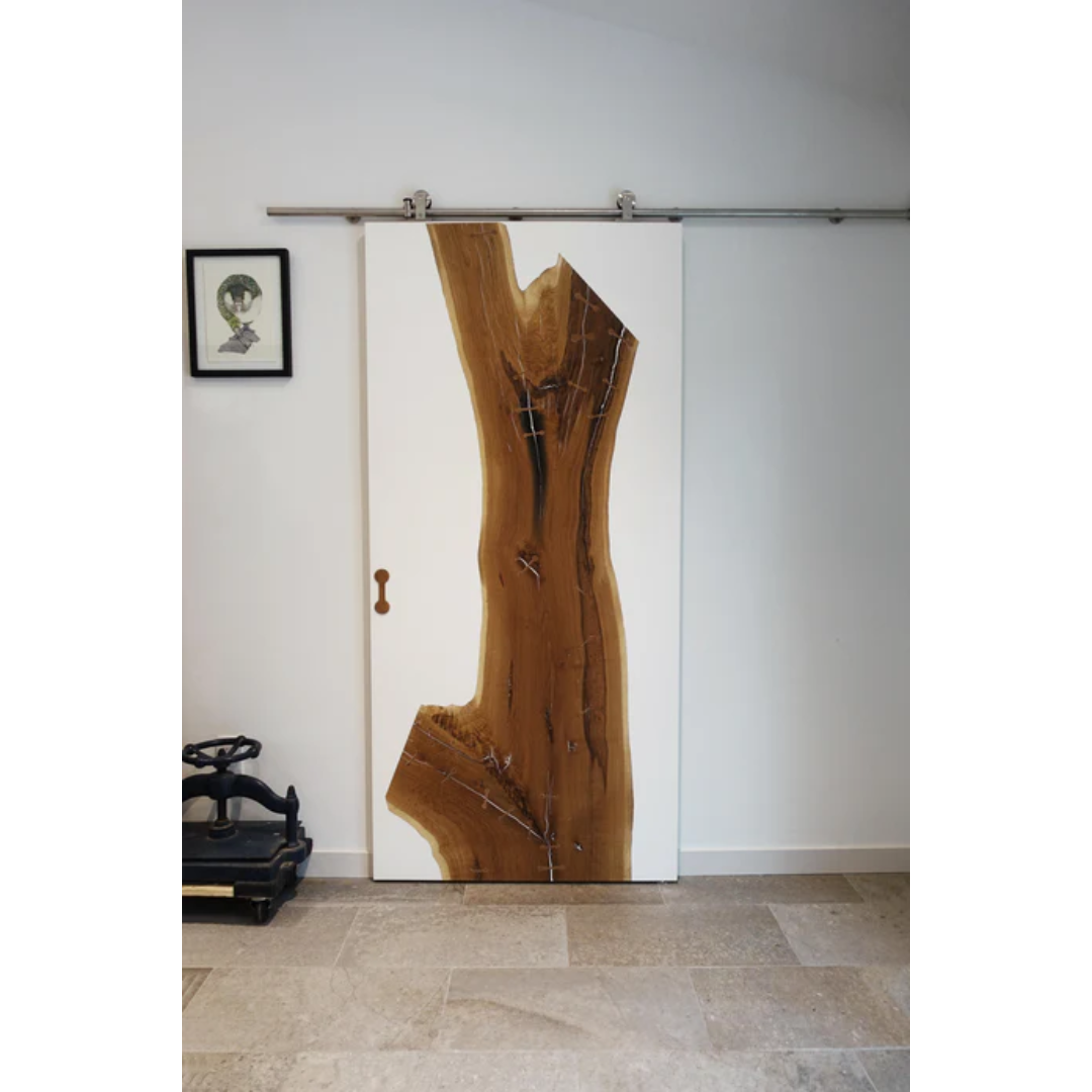 Decorative vertical wood slab art panel filled with white epoxy using Ecopoxy SnowWhite EPSWK20‐15L.