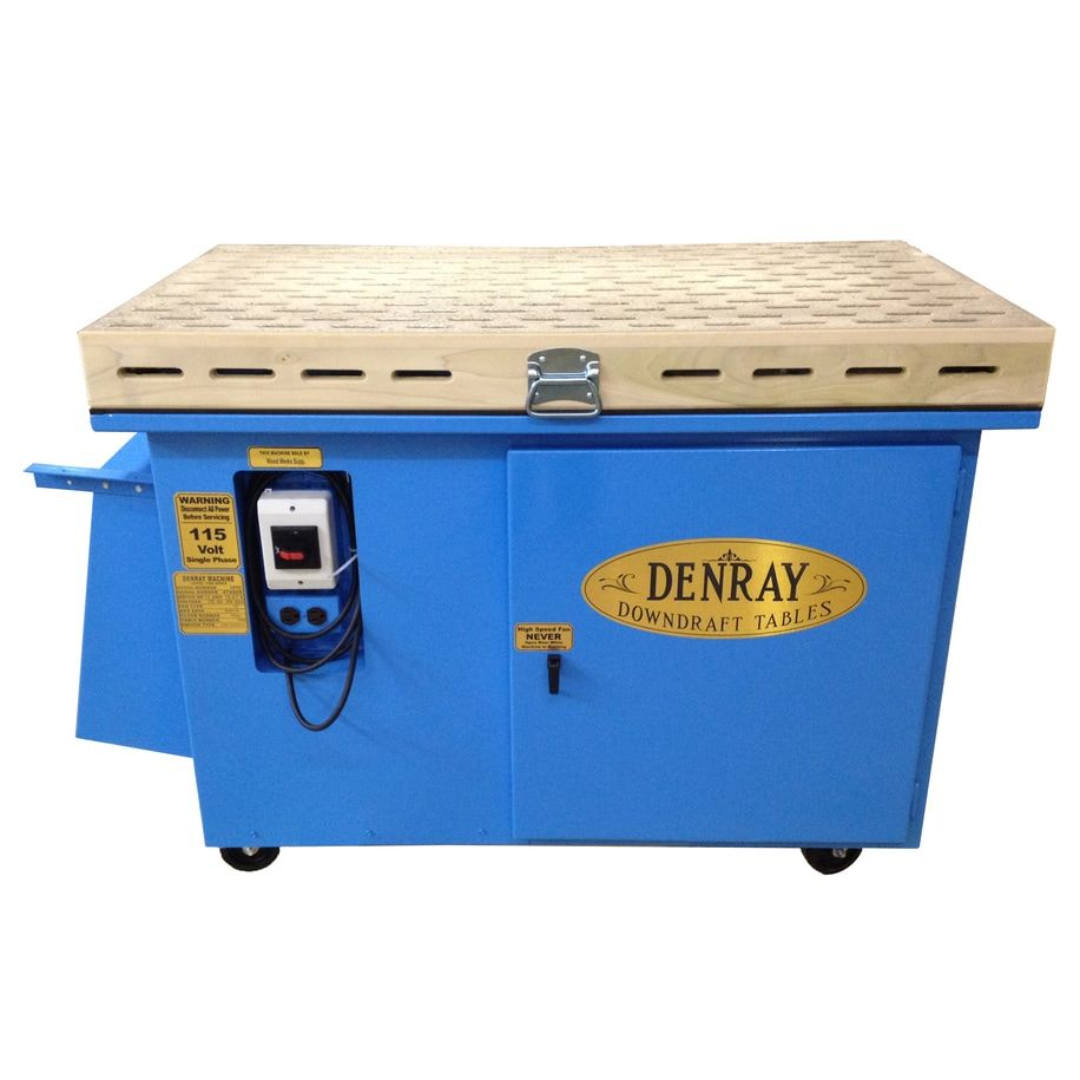 Denray 2800 Tube Filtration downdraft sanding table with integrated dust collection system, blue steel construction, perforated work surface, and industrial air filtration controls for woodworking and manufacturing environments.