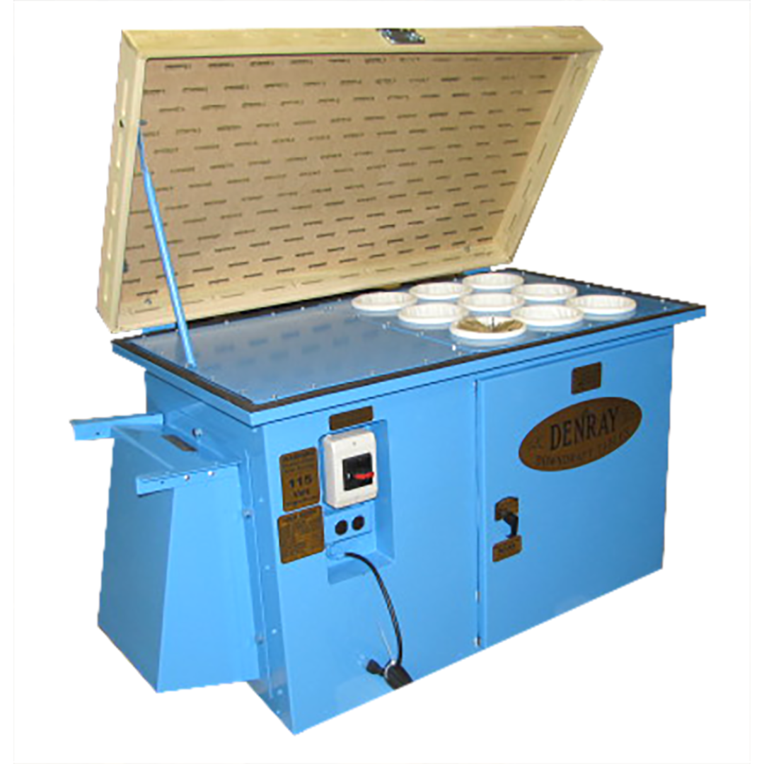 Denray 2800 Tube Filtration dust collection workstation with open access lid, tube filtration technology, durable steel frame, and efficient extraction system designed for sanding, grinding, and finishing applications.