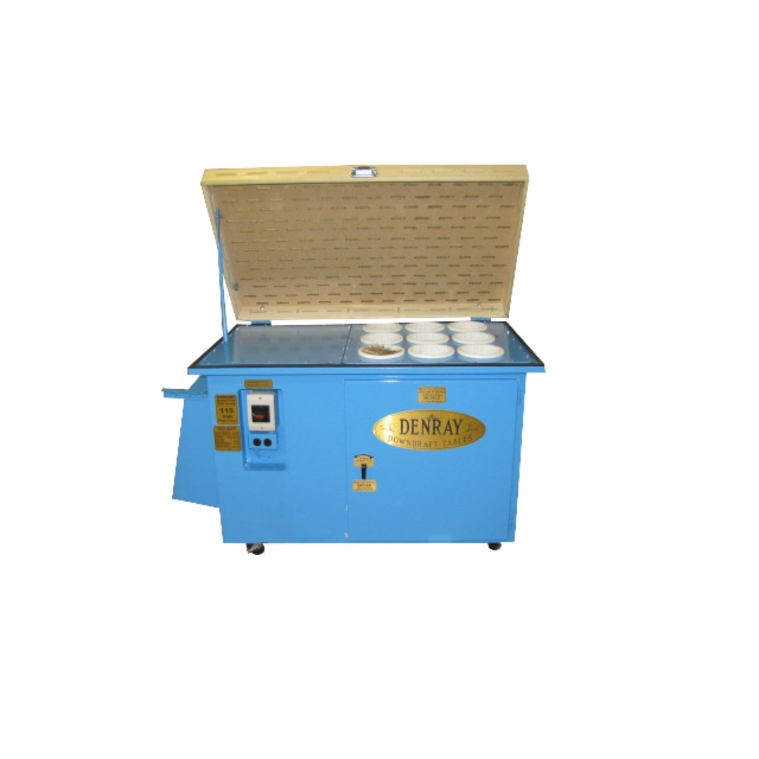 Denray 2800 Tube Filtration industrial downdraft table shown with hinged perforated top open, revealing internal tube filtration system and high-capacity dust collection chamber for airborne particle control.