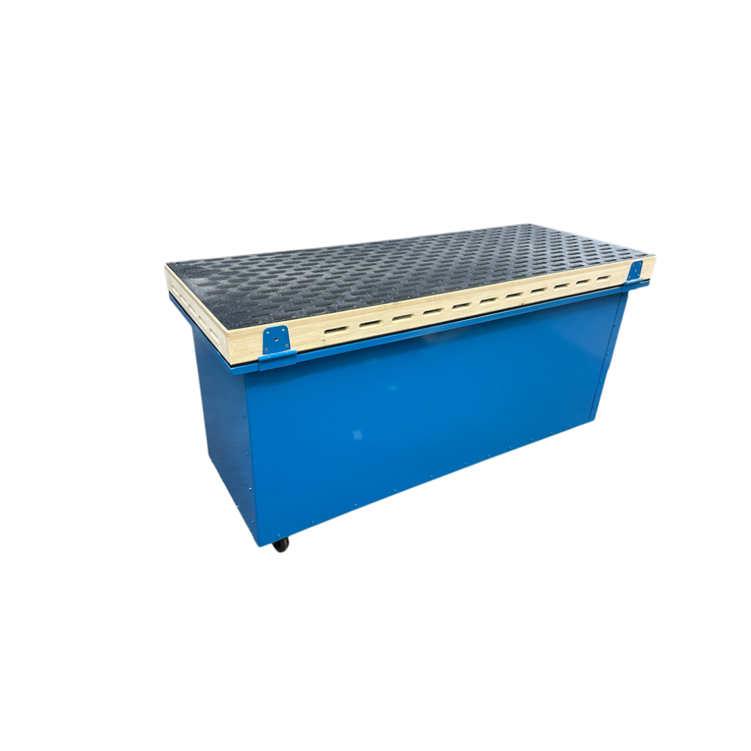 Denray 2872 Tube Filtration downdraft dust collection table with durable blue steel cabinet, expansive work surface, and advanced filtration system for professional sanding and finishing operations.