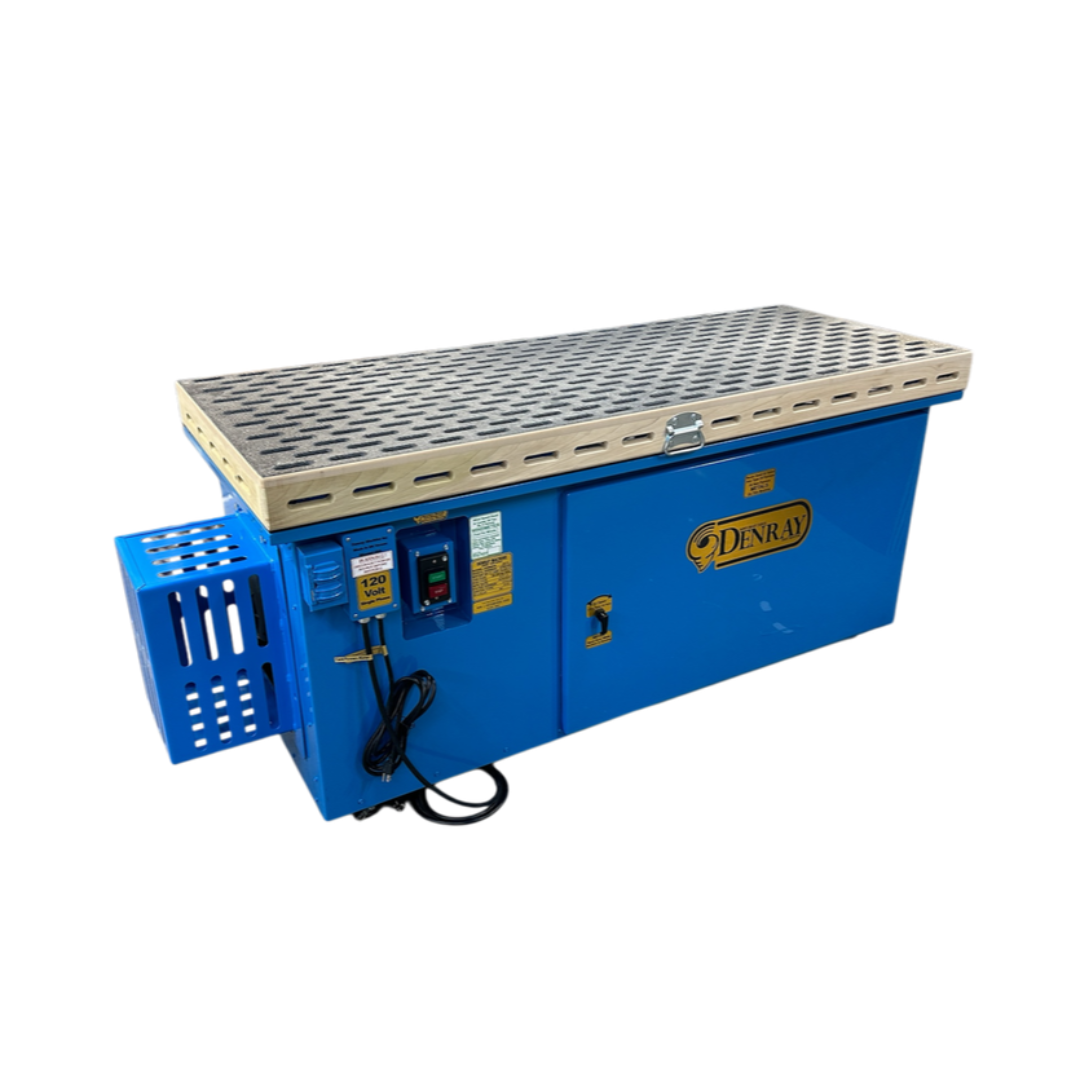 Denray 2872 Tube Filtration downdraft sanding table with heavy-duty steel construction, perforated work surface, integrated tube filtration system, and industrial dust collection designed for woodworking applications.