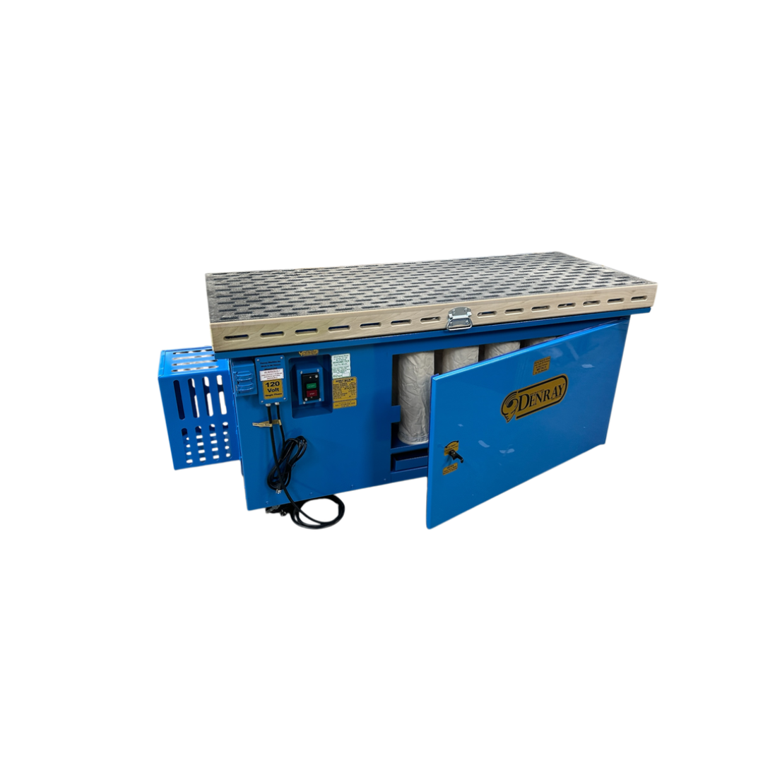 Denray 2872 Tube Filtration industrial downdraft workstation featuring a large perforated tabletop, powerful dust extraction system, mobile caster base, and high-efficiency tube filtration technology.
