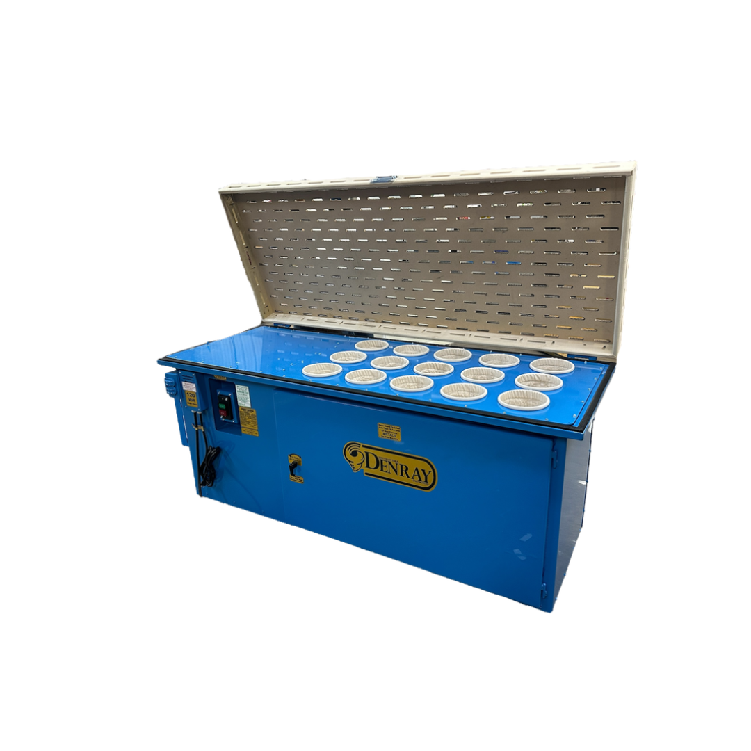 Denray 2872 Tube Filtration sanding table shown with hinged access lid open, revealing the internal tube filtration chamber and dust collection components for fine wood dust control.