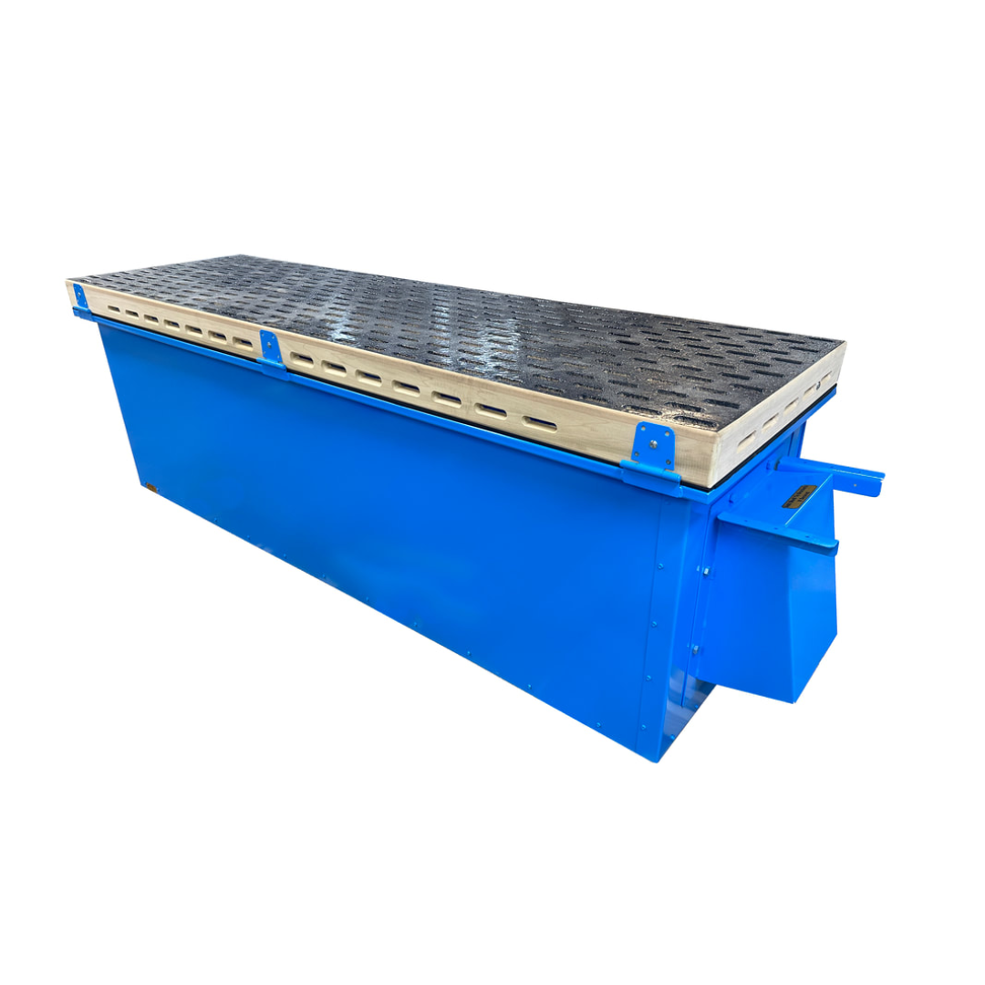 Denray 2896 Tube Filtration downdraft sanding station with extended tabletop design, mobile industrial construction, and integrated dust extraction system for large woodworking projects.