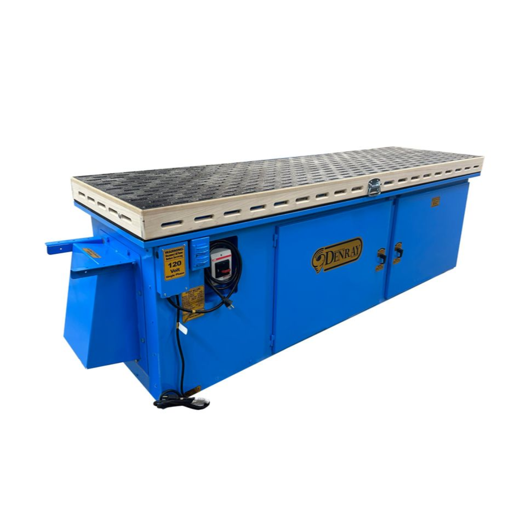 Denray 2896 Tube Filtration downdraft sanding table with extra-large perforated work surface, integrated tube filtration system, and industrial dust collection designed for high-volume woodworking applications.