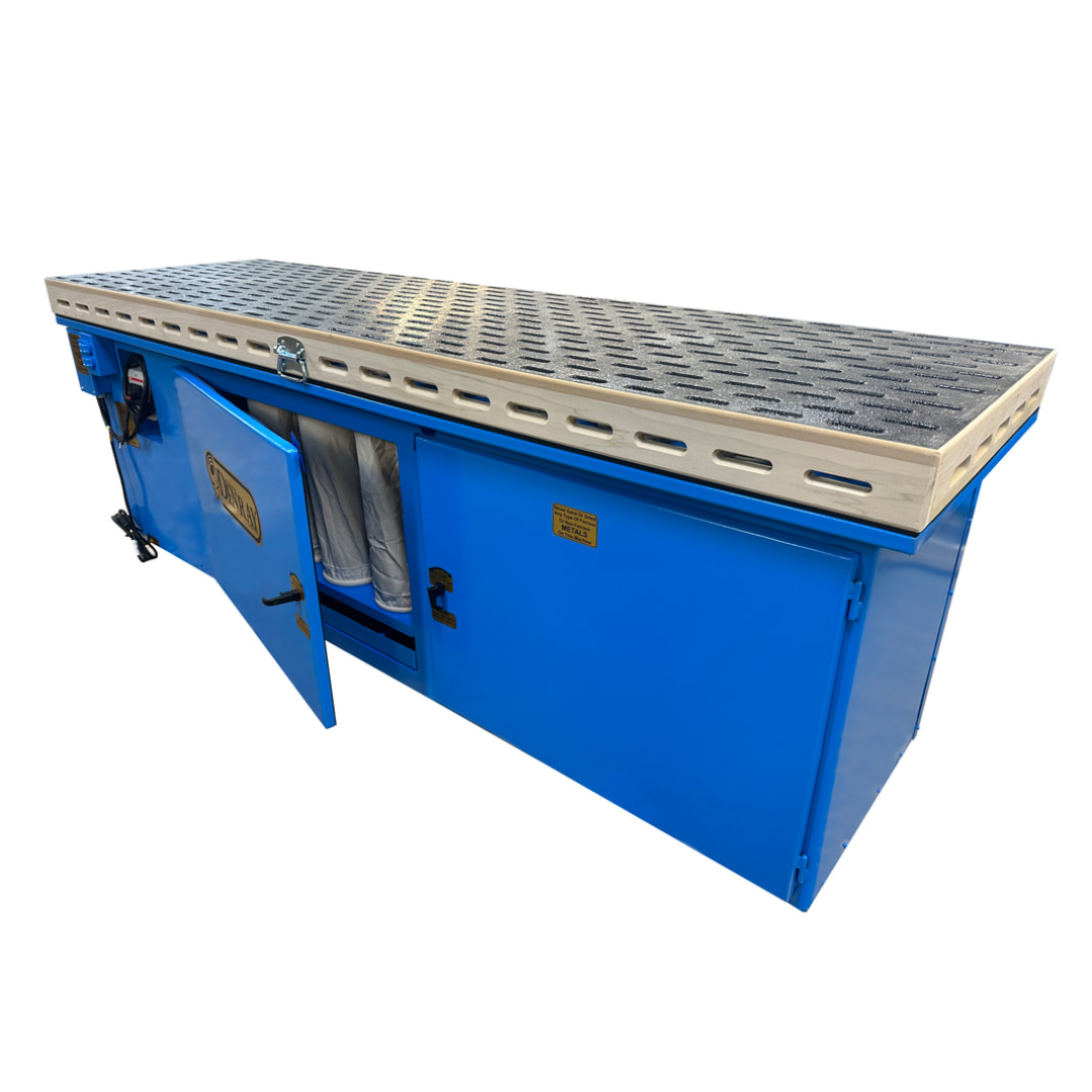 Denray 2896 Tube Filtration dust collection table with front access panels, powerful airflow system, and advanced filtration technology for professional sanding and finishing operations.